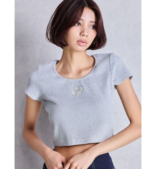 GYDA「ハーフスリーブGDロゴラインストーンテレコトップス」|Tシャツ・カットソー|グレー