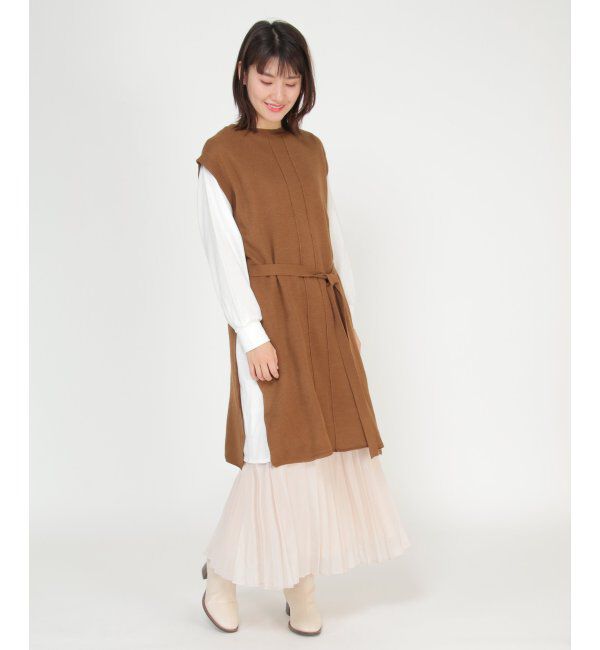 ikka「ベルト付きロングニットベストアンサンブル」|ワンピース|