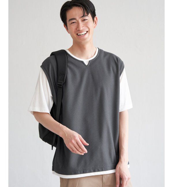 ikka「【接触冷感／吸水速乾】ヘリンボンキーネックフェイクベストTシャツ【親子おそろい】」|Tシャツ・カットソー|