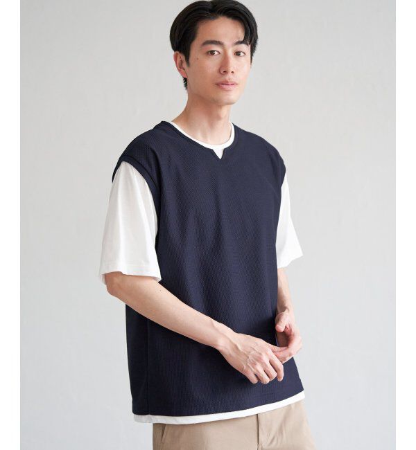 ikka「【接触冷感／吸水速乾】ヘリンボンキーネックフェイクベストTシャツ【親子おそろい】」|Tシャツ・カットソー|