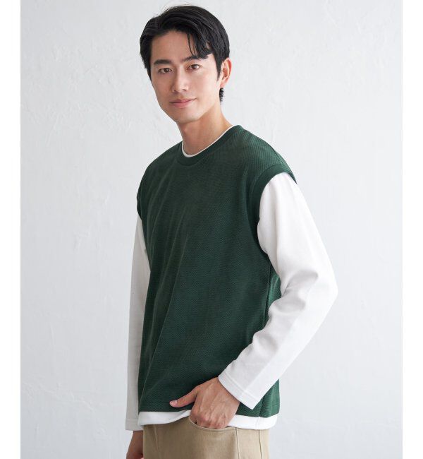 ikka「モール鹿の子フェイクベストロンT」|Tシャツ・カットソー|グリーン