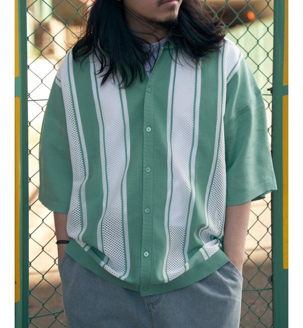 VENCE share style「ストライプケンシュクニットシャツ」|Tシャツ・カットソー|グリーン1