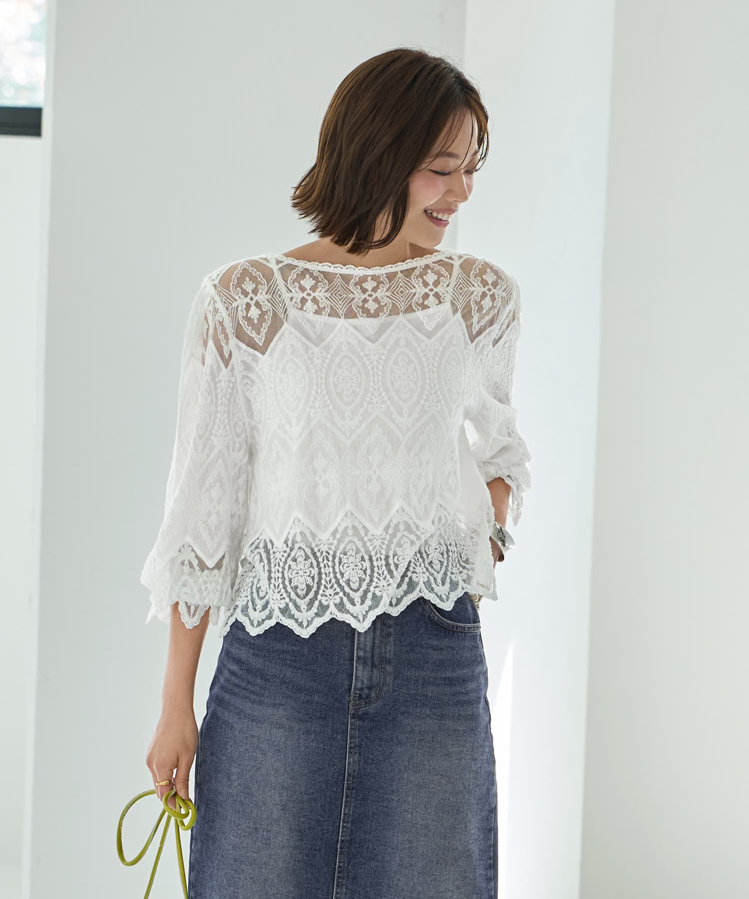 STYLE DELI「ミックスレースのプルオーバーブラウス」|シャツ・ブラウス|ホワイト