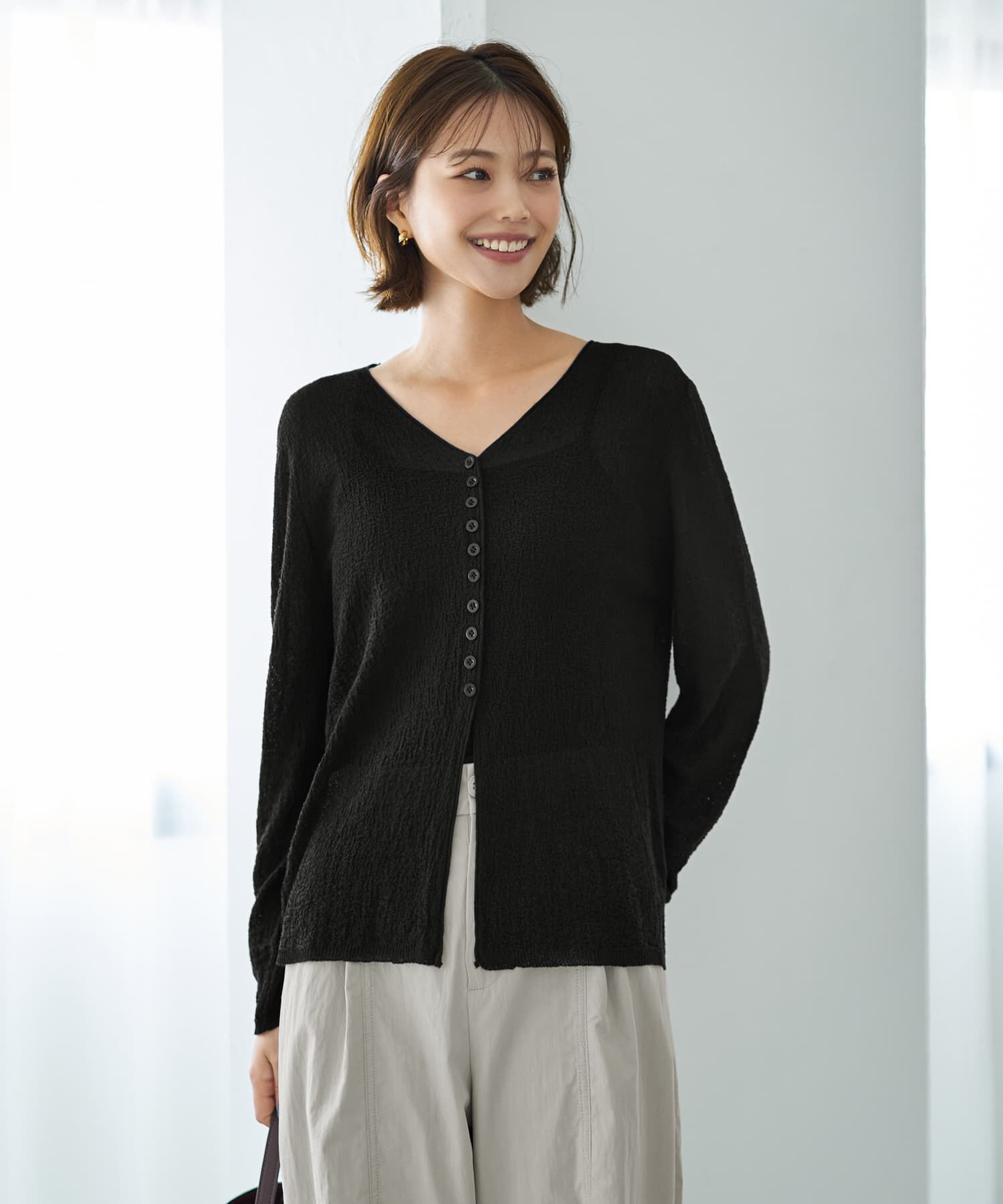 STYLE DELI「ボタン寄せニュアンス質感カーディガン」|カーディガン|ブラック