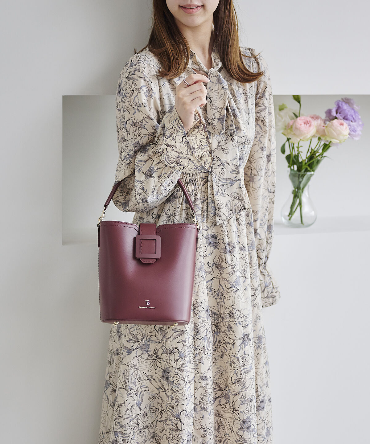 Samantha Thavasa「ベルトデザイン レザーバケツ型ハンドバッグ」|ハンドバッグ|ワインレッド