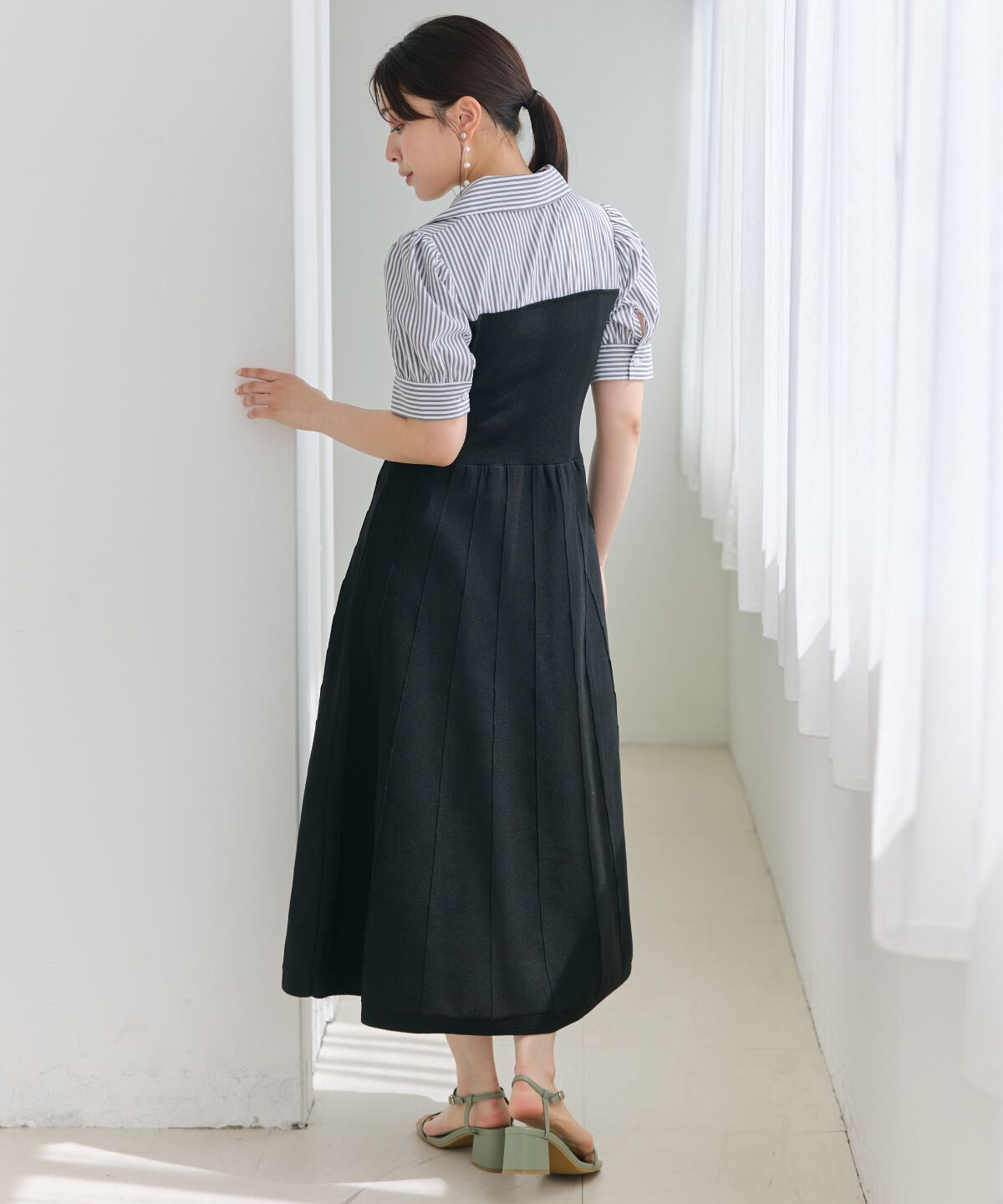 アンドクチュール「スキッパーシャツドッキング5分袖ワンピース」|ワンピース|