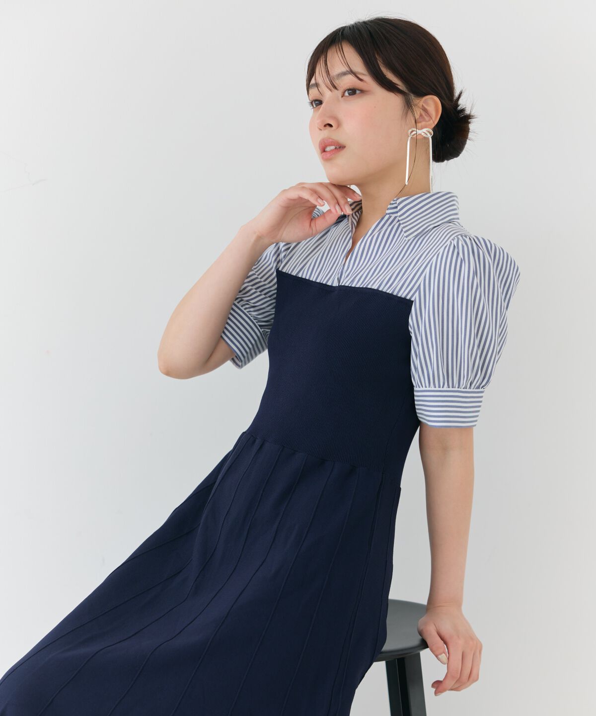 アンドクチュール「スキッパーシャツドッキング5分袖ワンピース」|ワンピース|