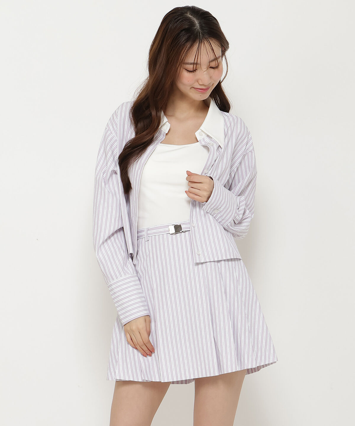 REDYAZEL「ストライププリーツショートスカパン」|キュロット|ピンク