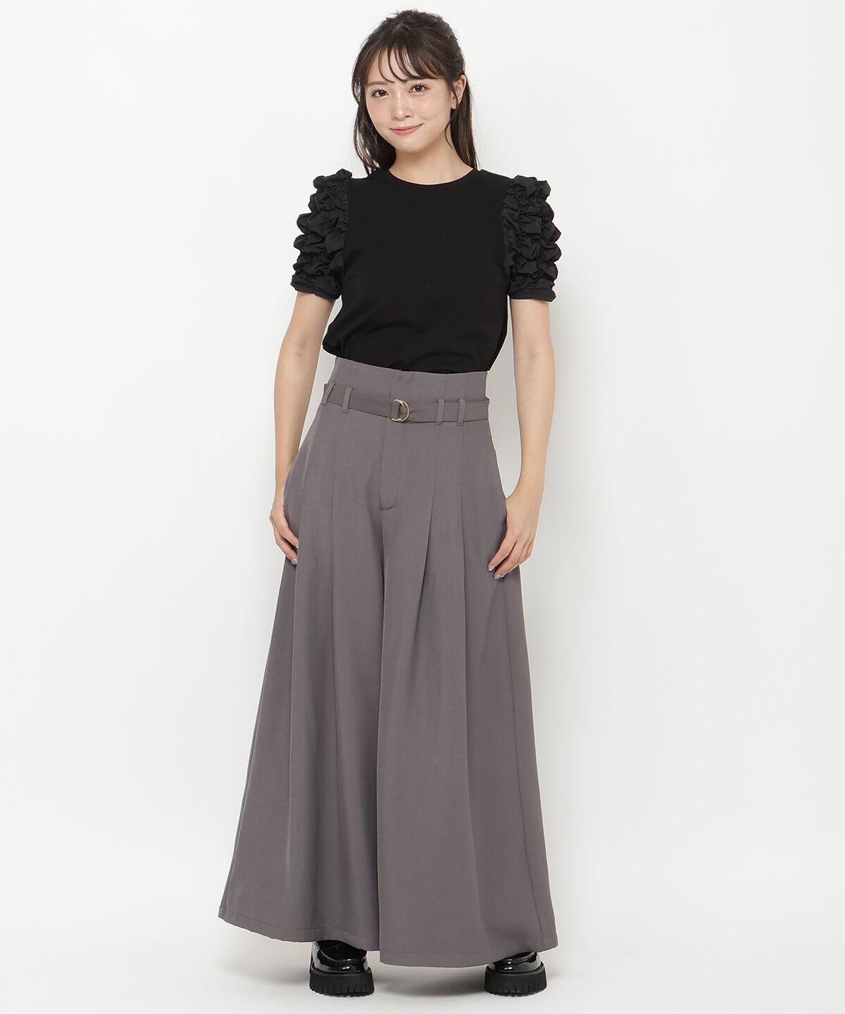 REDYAZEL「ハイウエストタックフレアパンツ」|その他|グレー