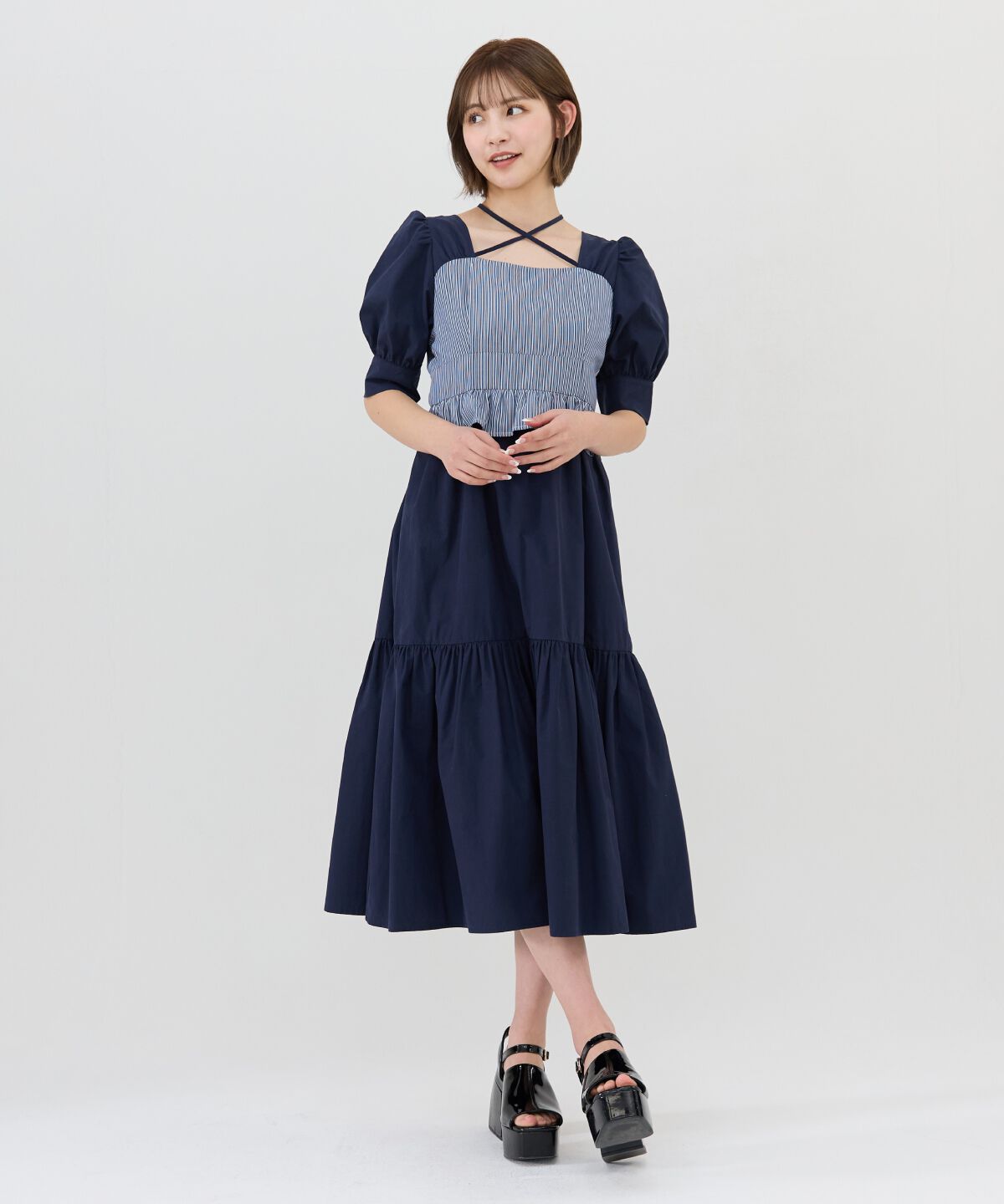 REDYAZEL「ストライプビスチェドッキングワンピース」|ワンピース|ネイビー