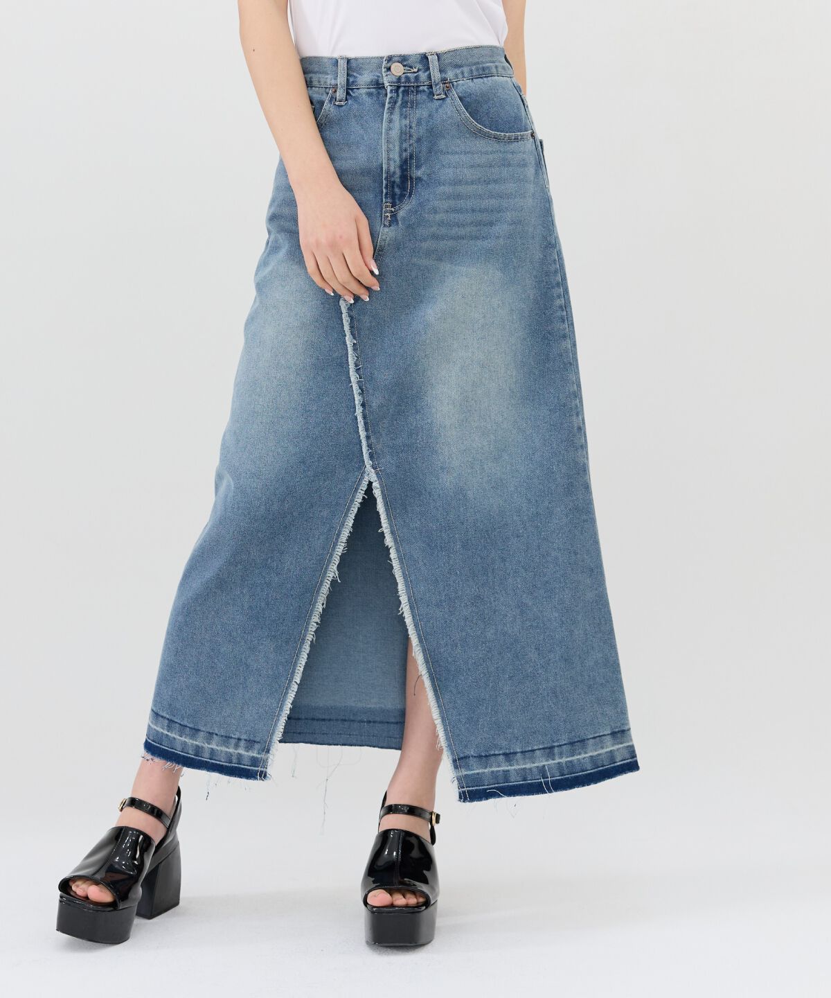 REDYAZEL「リメイク風フリンジヘムデニムロングスカート」|タイト|