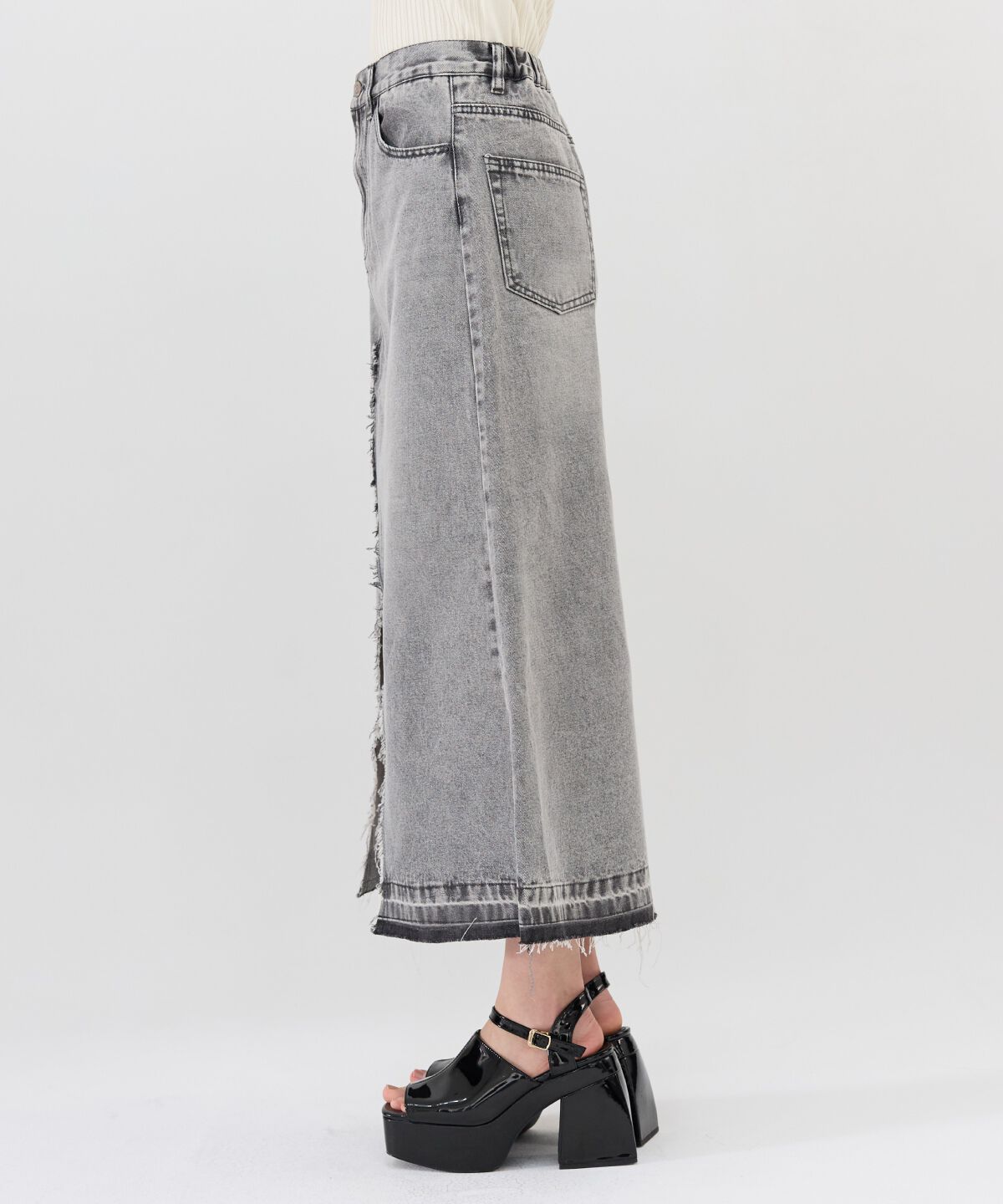 REDYAZEL「リメイク風フリンジヘムデニムロングスカート」|タイト|