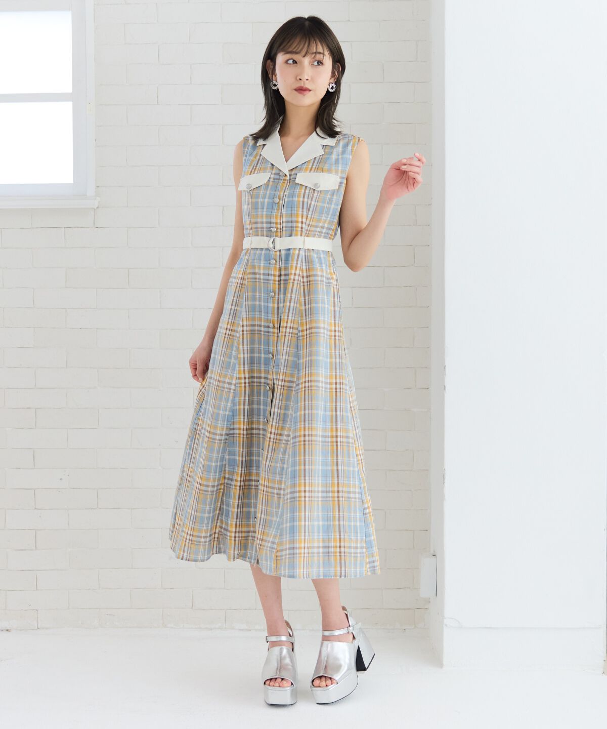 REDYAZEL「バイカラーチェックノースリーブシャツワンピース」|ワンピース|