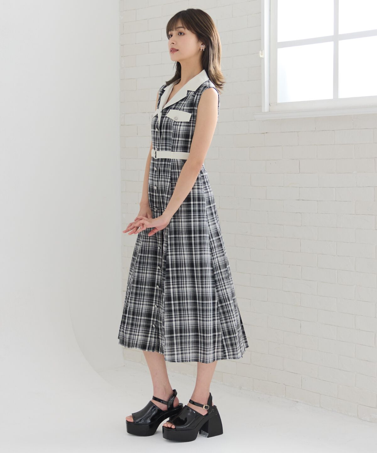 REDYAZEL「バイカラーチェックノースリーブシャツワンピース」|ワンピース|