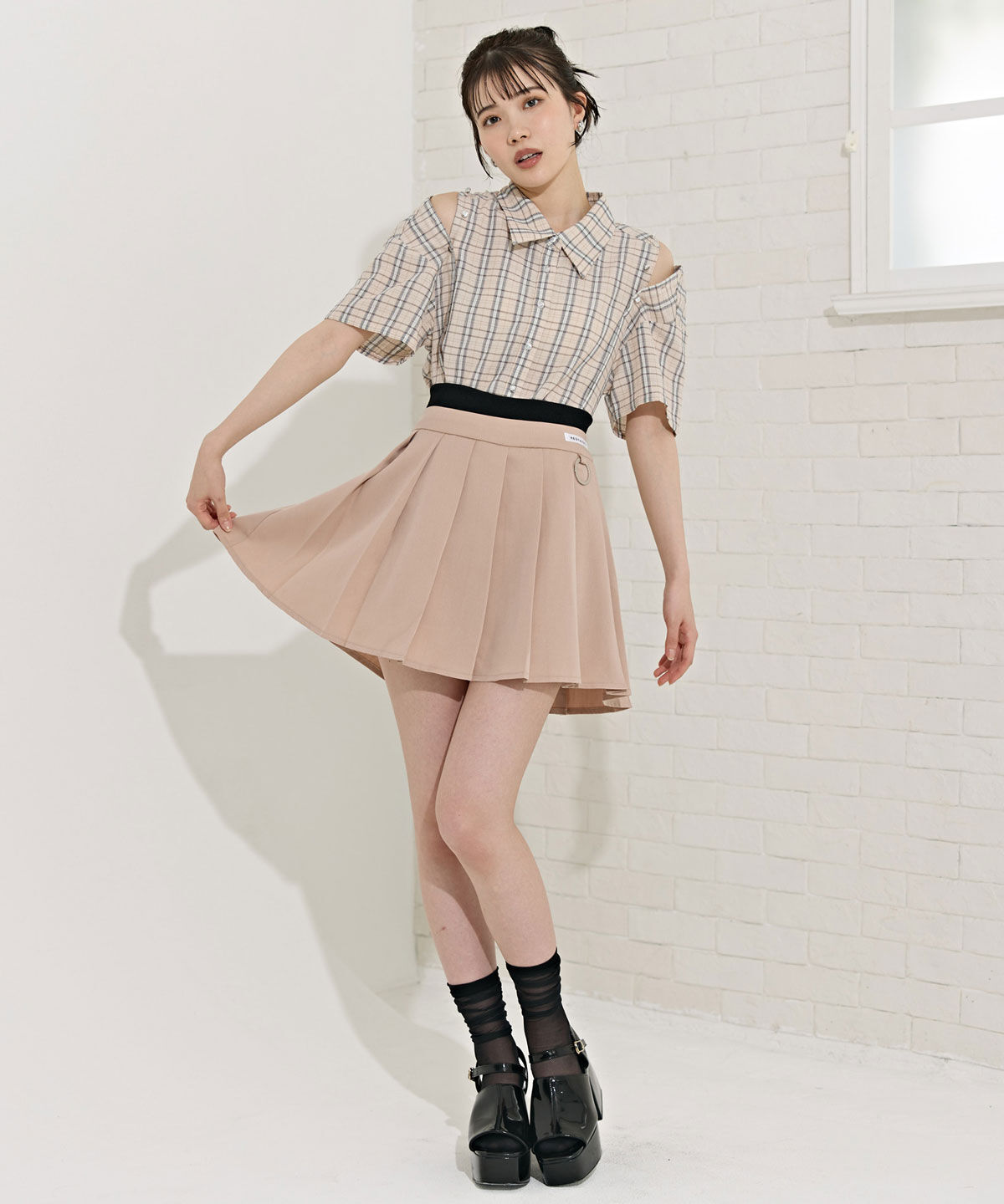 REDYAZEL「Wベルトワイドプリーツミニスカート」|フレア|