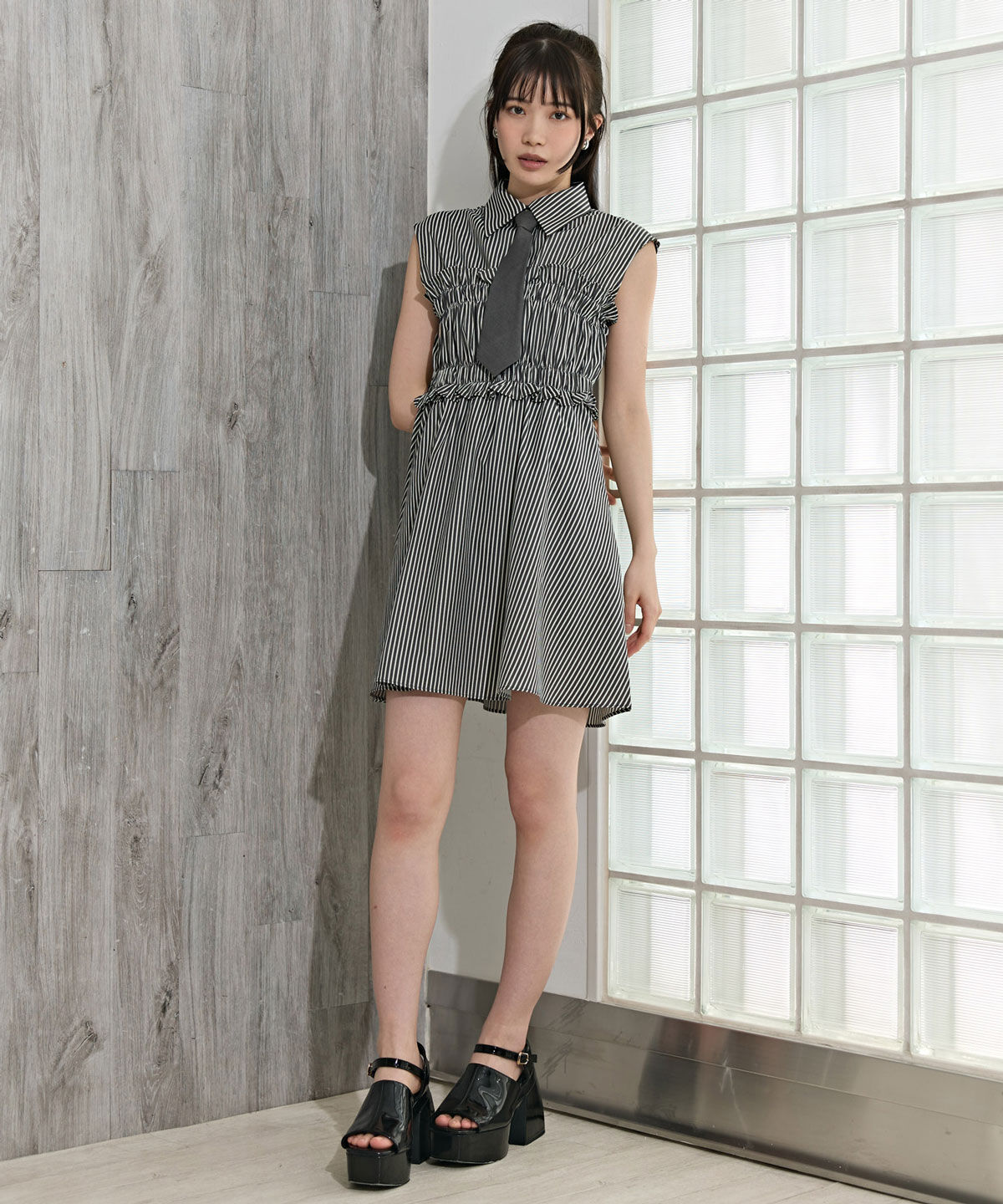 REDYAZEL「ヘムフリルレイヤードストライプシャツワンピース」|ワンピース|