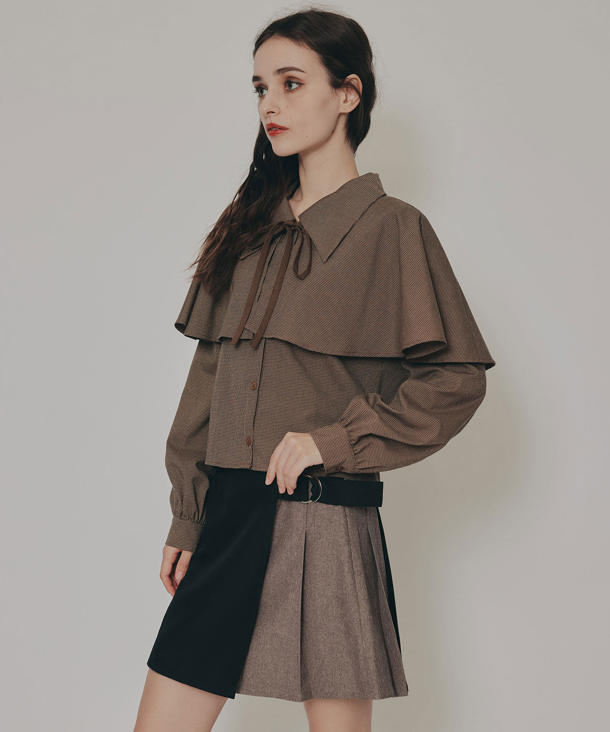 REDYAZEL「ケープライクグレンチェックリボンタイブラウス」|シャツ・ブラウス|