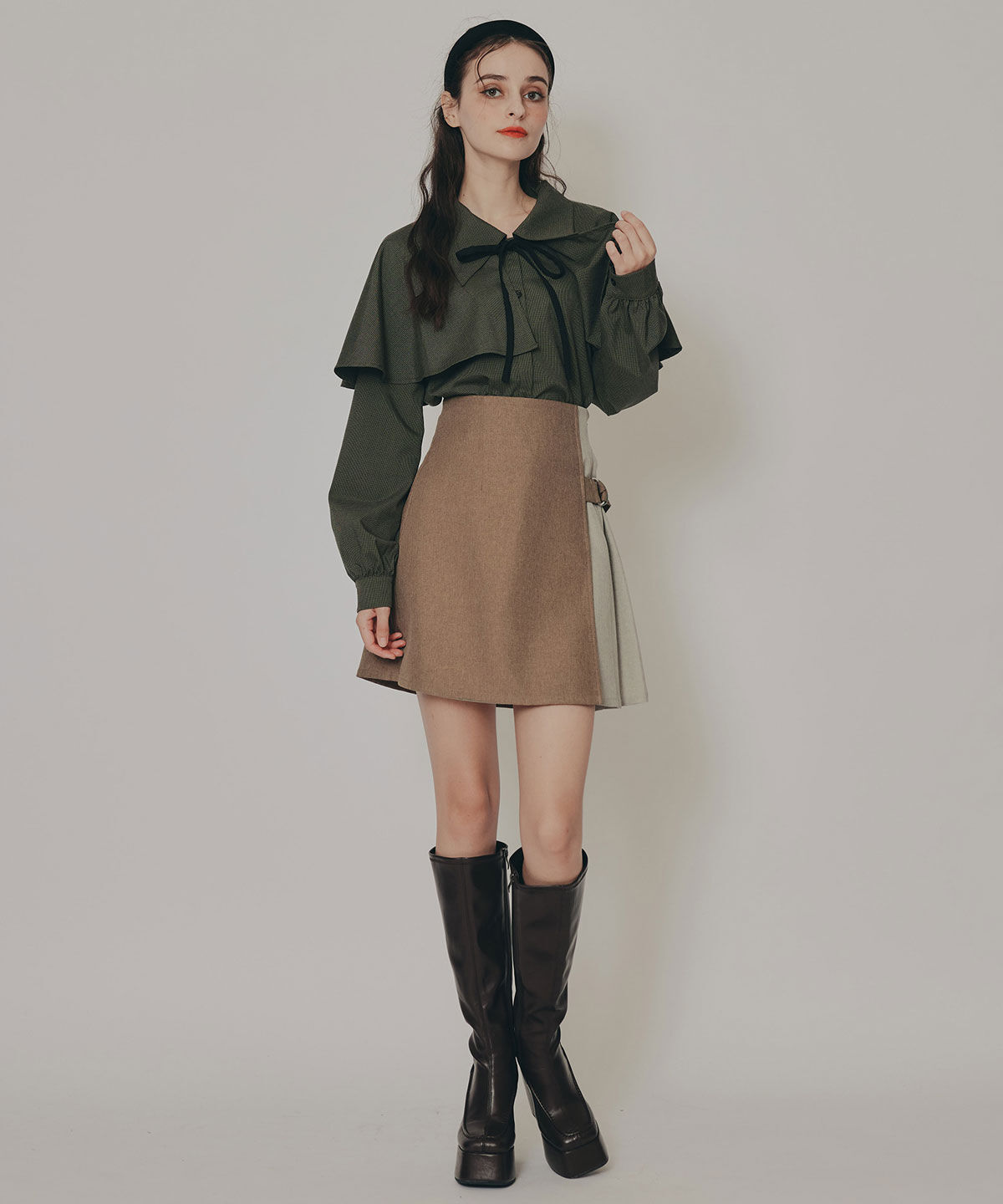 REDYAZEL「ケープライクグレンチェックリボンタイブラウス」|シャツ・ブラウス|