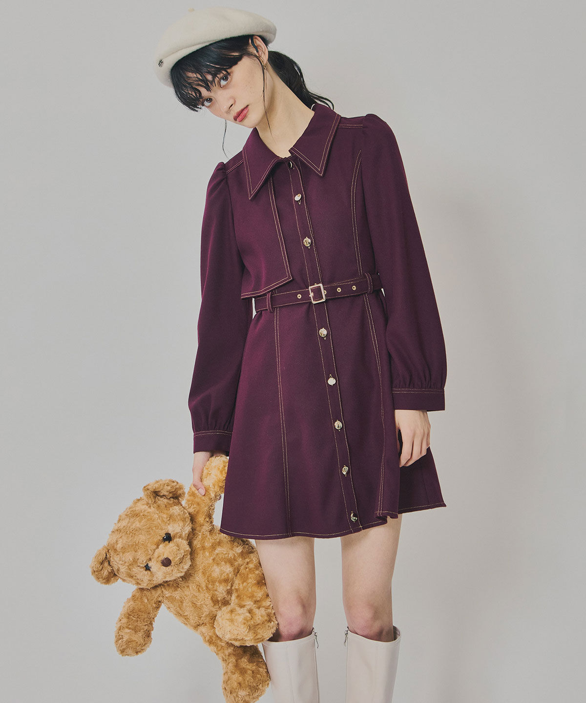 REDYAZEL「バイカラーステッチラインミニワンピース」|ワンピース|ボルドー