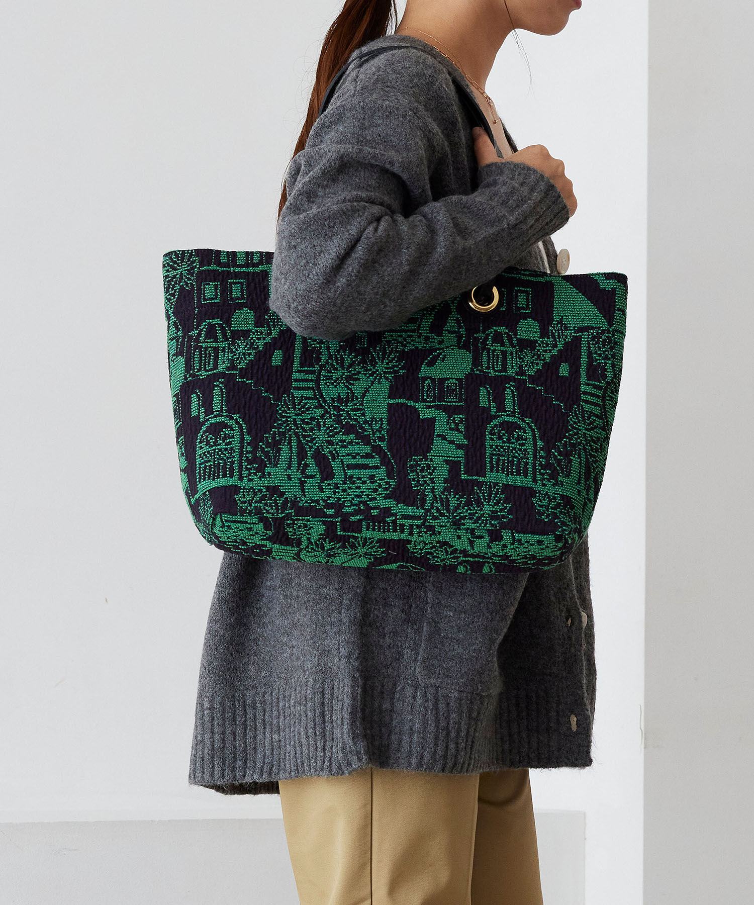 TOPKAPI TREASURE「【TREASURE TOPKAPI】ジャガード生地 総柄 A4 トートバッグ 」|トートバッグ|グリーン