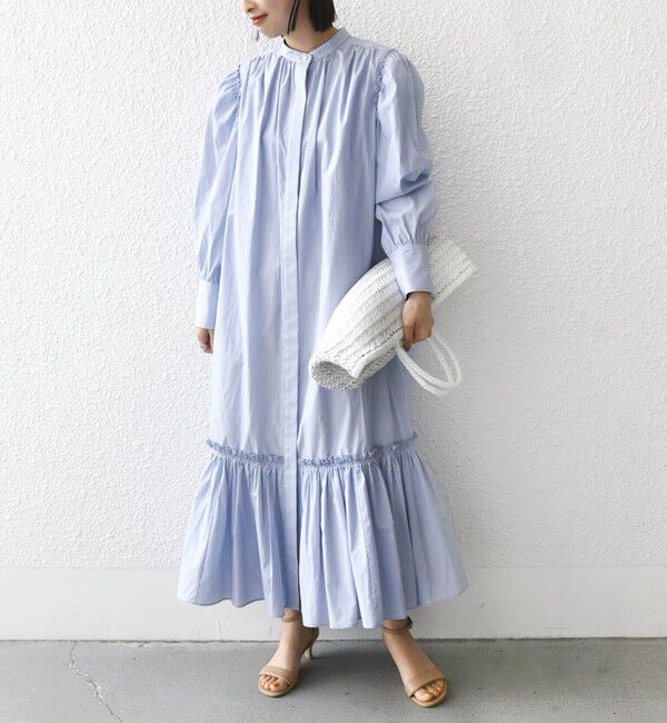 SHIPS for women「【WEB限定】〈手洗い可能〉ストライプ ギャザー フリル ワンピース」|ワンピース|ブルー