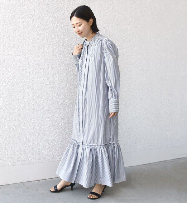 SHIPS for women「【WEB限定】〈手洗い可能〉ストライプ ギャザー フリル ワンピース」|ワンピース|