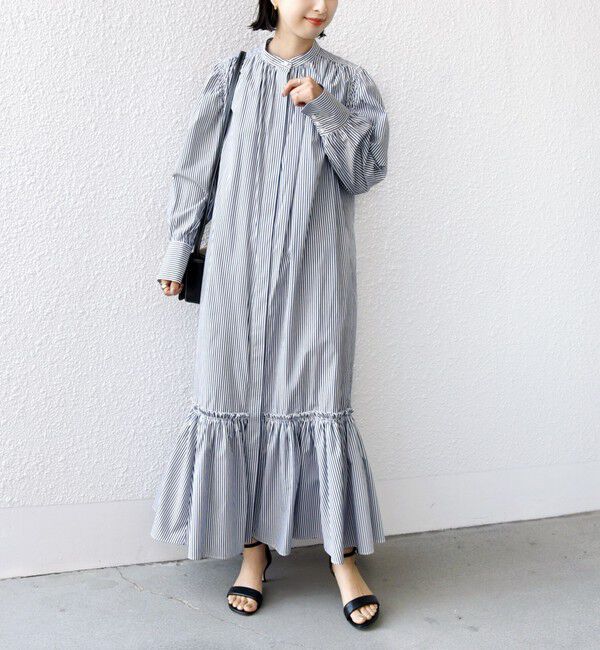 SHIPS for women「【WEB限定】〈手洗い可能〉ストライプ ギャザー フリル ワンピース」|ワンピース|