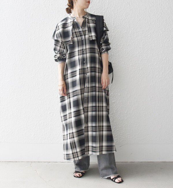 SHIPS any「SHIPS any:〈洗濯機可能〉ペール チェック ヨーク フリル ワンピース」|ワンピース|ブラック