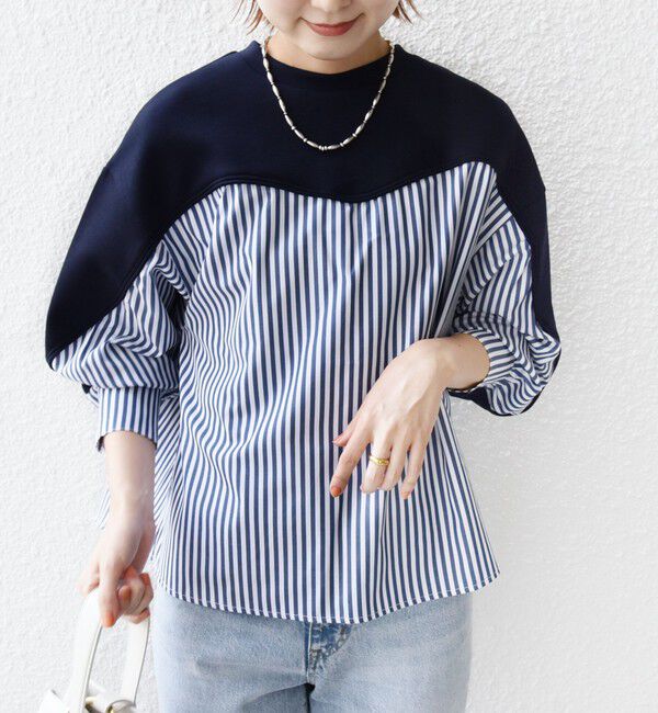 SHIPS for women「【WEB限定】 〈手洗い可能〉ダンボール 布帛 コンビ プルオーバー」|Tシャツ・カットソー|