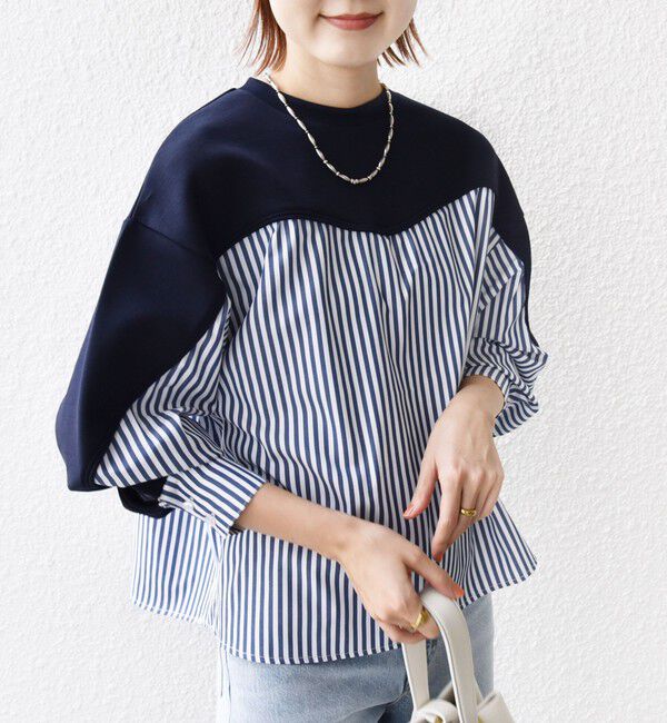 SHIPS for women「【WEB限定】 〈手洗い可能〉ダンボール 布帛 コンビ プルオーバー」|Tシャツ・カットソー|