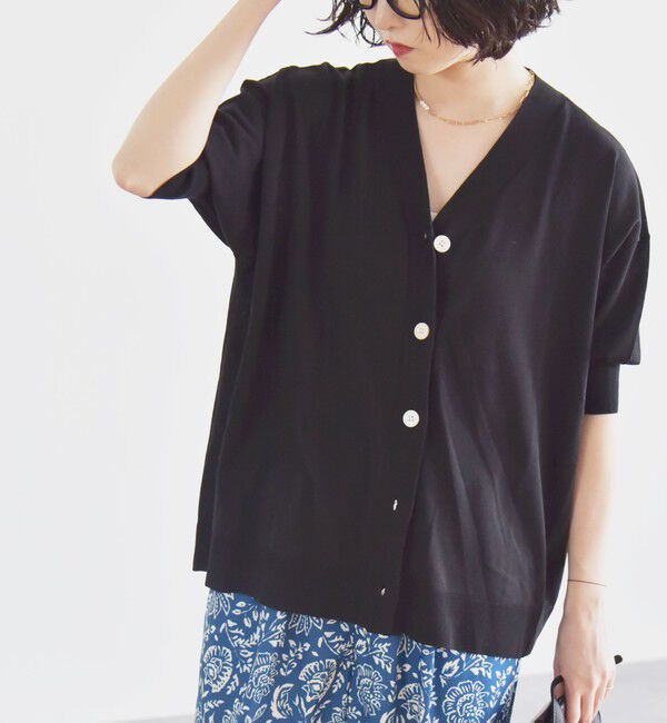 quaranciel「quaranciel:〈接触冷感〉 ワイド Vネック ハーフスリーブ シアー カーディガン」|カーディガン|ブラック