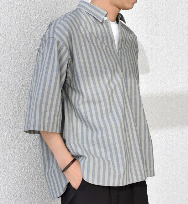 SHIPS any「SHIPS any: ストライプ スモールウェイブ スキッパー プルオーバーシャツ◇」|シャツ・ブラウス|グリーン