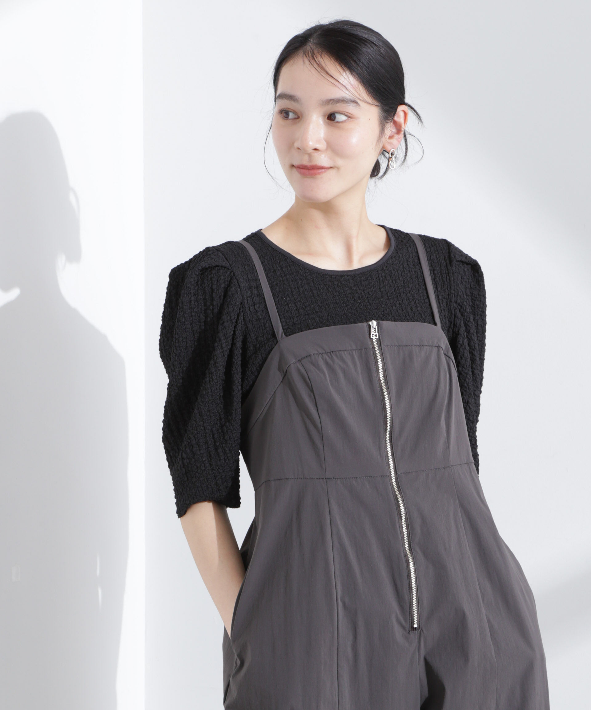 nano･universe「シャーリングタックスリーブトップス」|Tシャツ・カットソー|ブラック