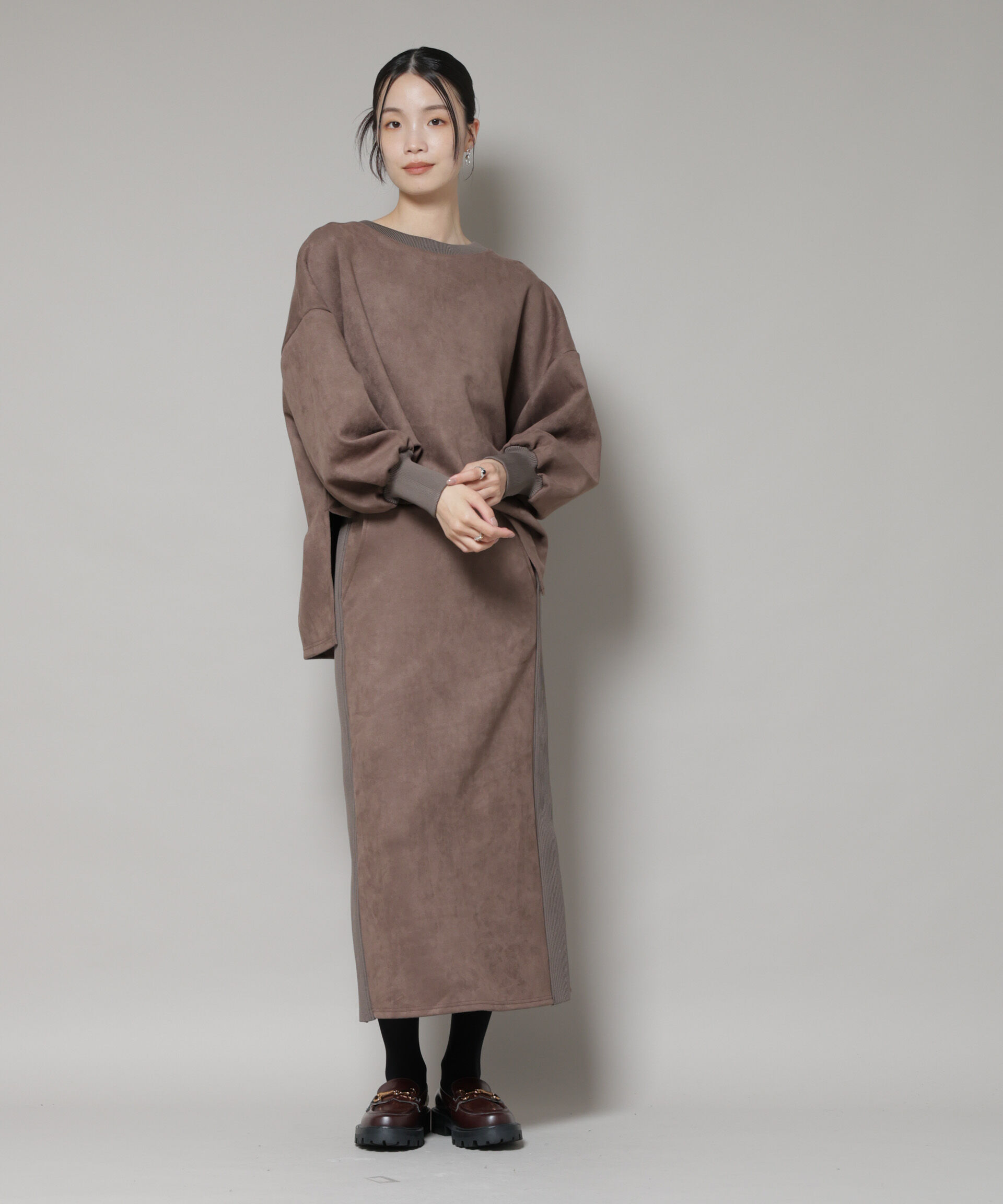 nano･universe「カットスエードサイドニットラインナロースカート(セットアップ可)」|スカート|