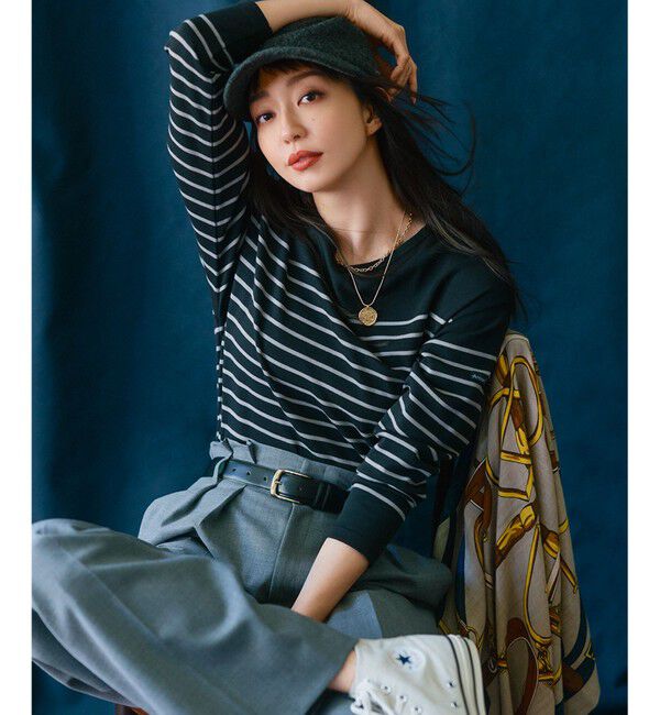 23区「【洗える】Armor-lux クロップドボーダー カットソー」|Tシャツ・カットソー|ブラック&times;モカ