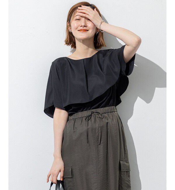 23区「【汗じみ防止/洗える】スムースデザイン ラッフルカラー カットソー」|Tシャツ・カットソー|ブラック系