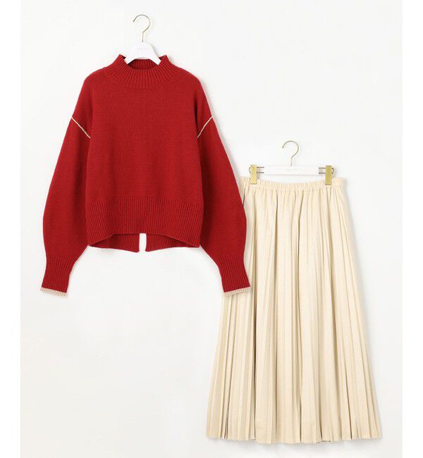 any SiS「【洗える・2SET】ボリューム ニット &times; スエードライク スカート セット」|スーツ|ﾚｯﾄﾞ&times;ﾗｲ