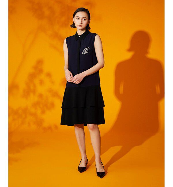  「ビジューロゴ配色ワンピース」|ドレス|ネイビー