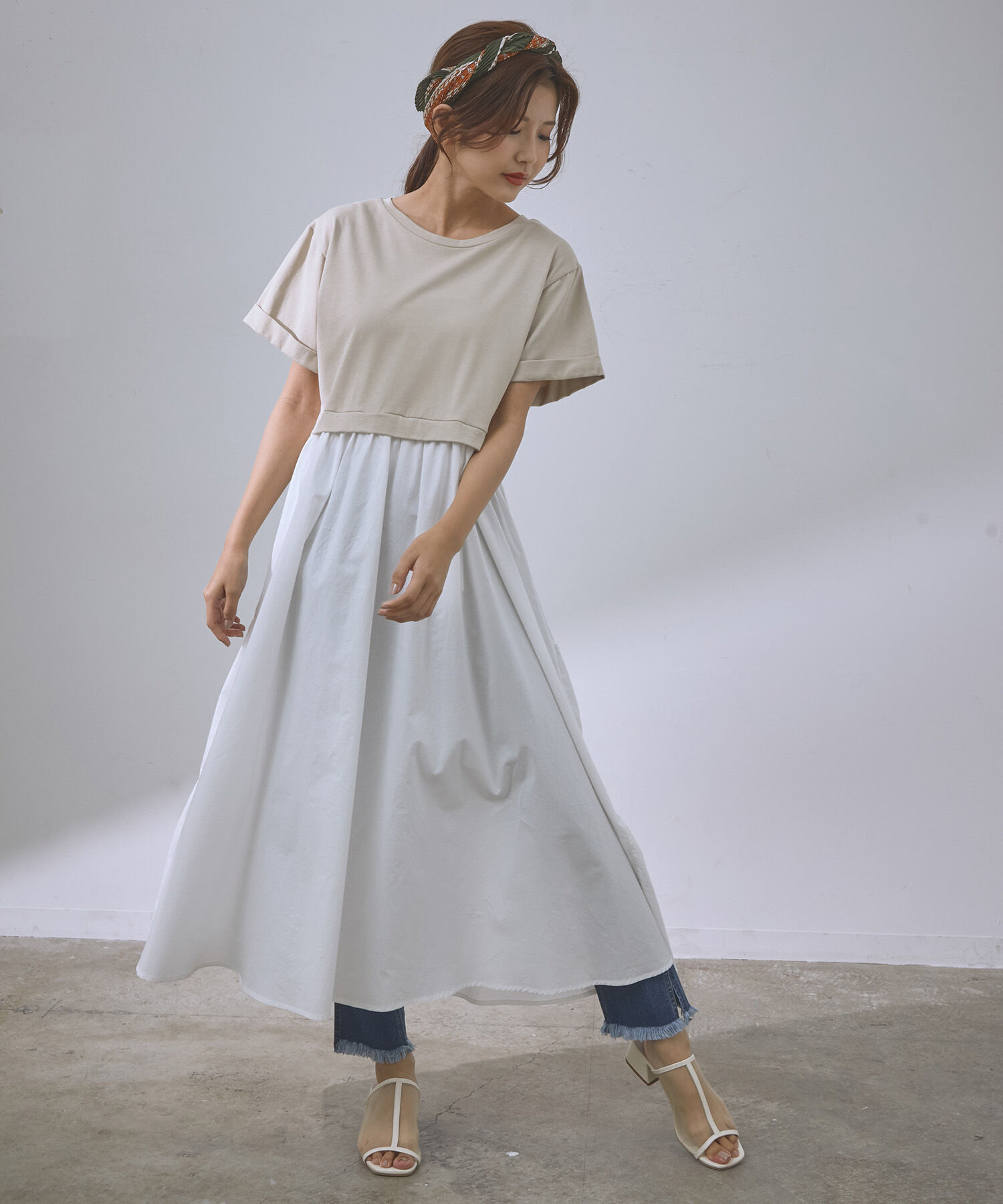 VIS「【WEB限定】異素材コンビ配色バックティアードTシャツワンピース」|ワンピース|