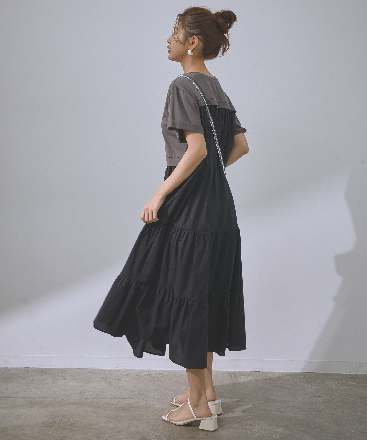 VIS「【WEB限定】異素材コンビ配色バックティアードTシャツワンピース」|ワンピース|