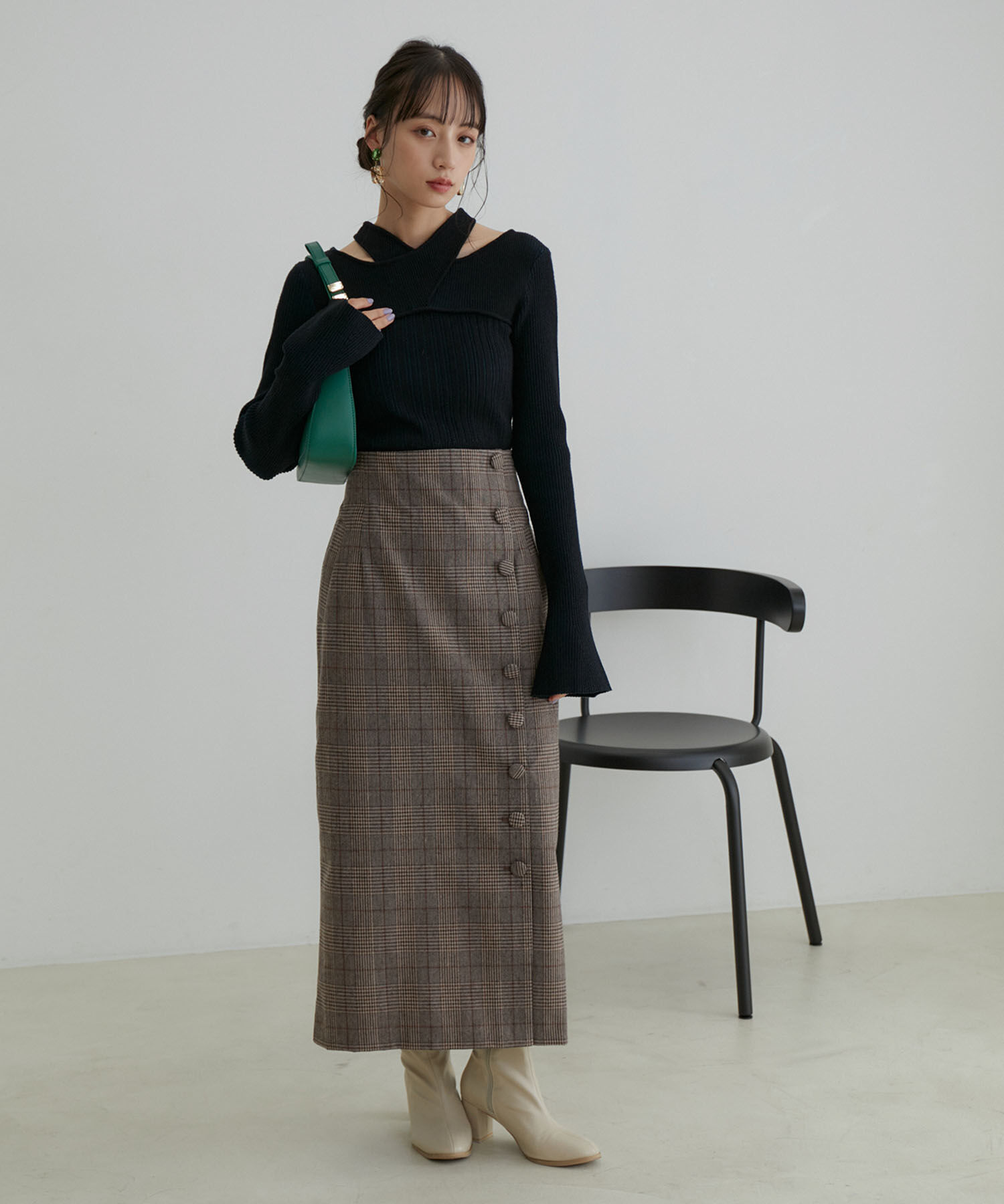 VIS「【洗える】くるみボタンチェックタイトスカート」|スカート|