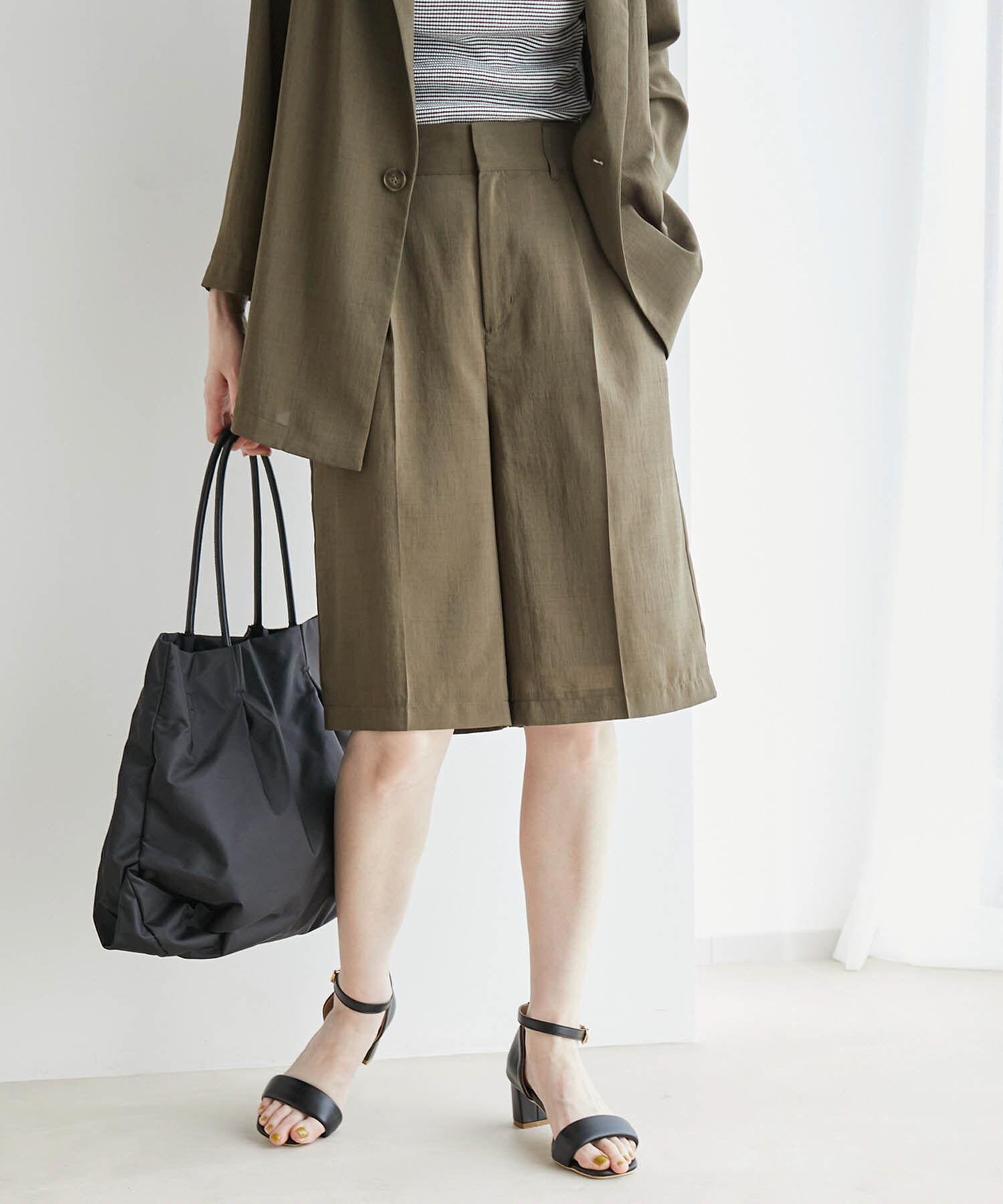 Rope&rsquo;Picnic「セットアップ対応/麻調シアーハーフタックパンツ」|その他|カーキ(36)