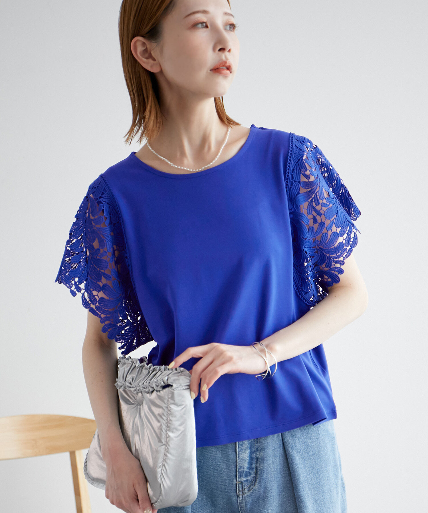 Rope&rsquo;Picnic「袖レースカットトップス/リンクコーデ」|Tシャツ・カットソー|ブルー(44)