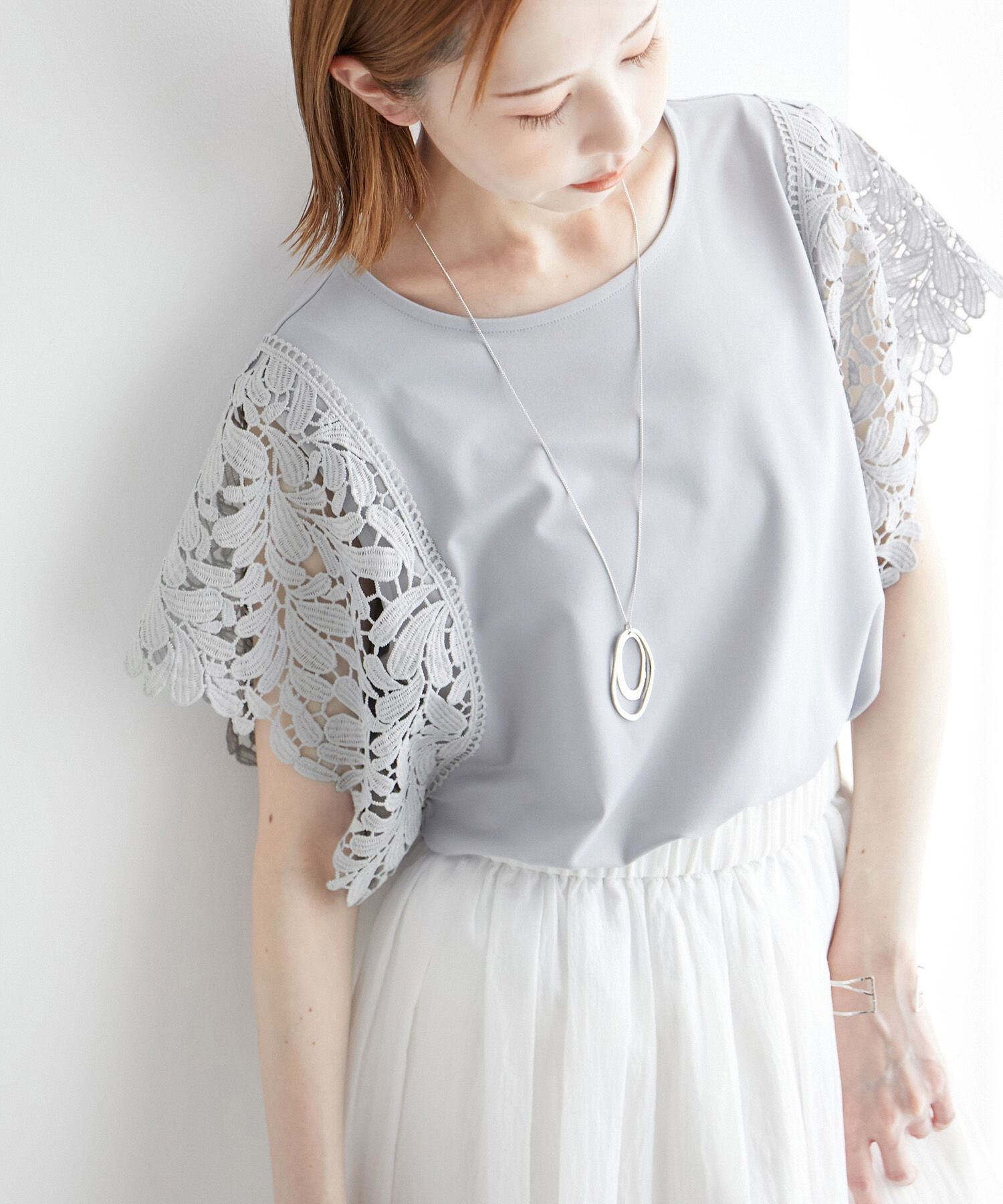 Rope&rsquo;Picnic「袖レースカットトップス/リンクコーデ」|Tシャツ・カットソー|サックス(48)