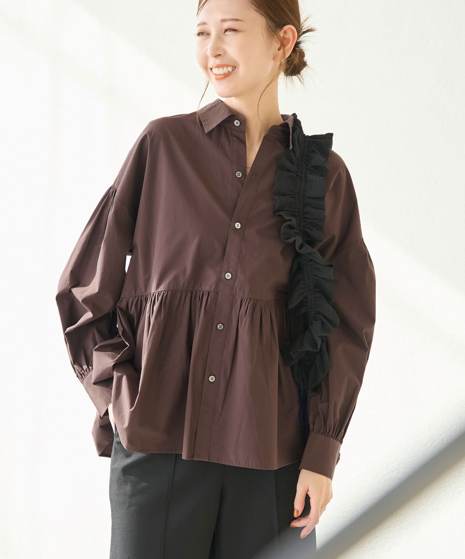 Rope&rsquo;Picnic「【新色追加】ペプラムシャツ/UVケア」|シャツ・ブラウス|ダークブラウン(20)