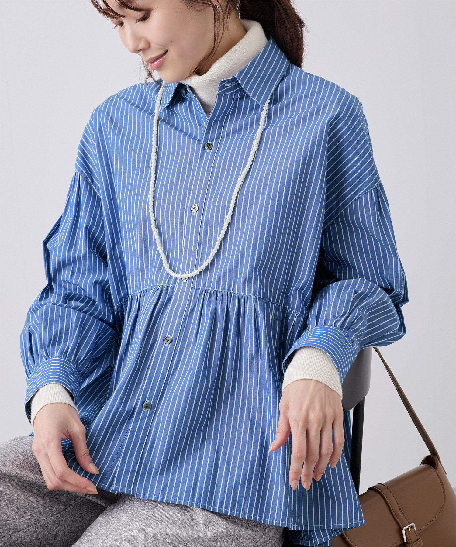 Rope&rsquo;Picnic「【新色追加】ペプラムシャツ/UVケア」|シャツ・ブラウス|ブルー(44)