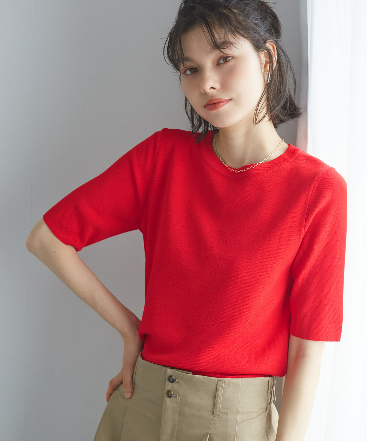 Rope&rsquo;Picnic「【イージーケア・UVカット・接触冷感・洗濯機OK】ハーフスリーブニットプルオーバー」|ニット・セーター|