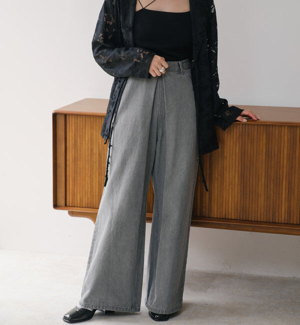  「【3サイズ】デニムタックワイドパンツ」|デニム|