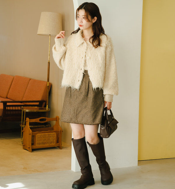  「【4色展開】ウェーブ起毛クロップドニット」|カーディガン|