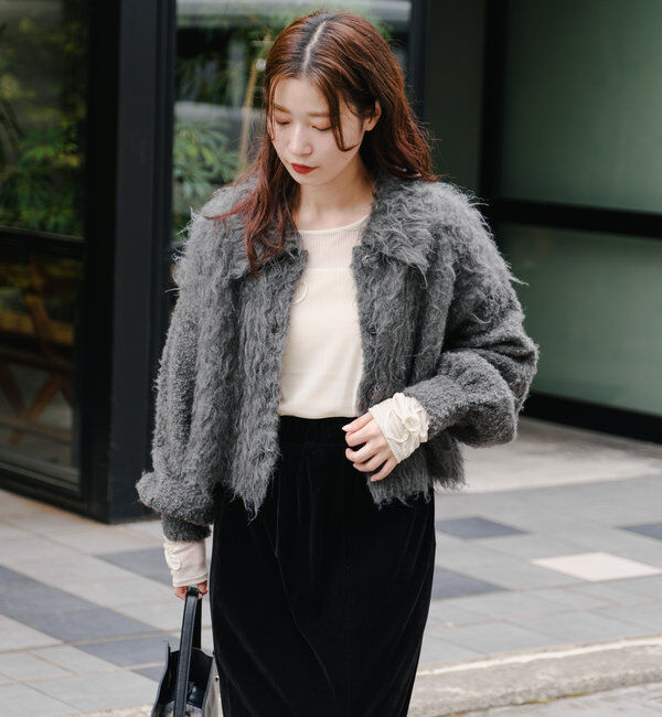  「【4色展開】ウェーブ起毛クロップドニット」|カーディガン|